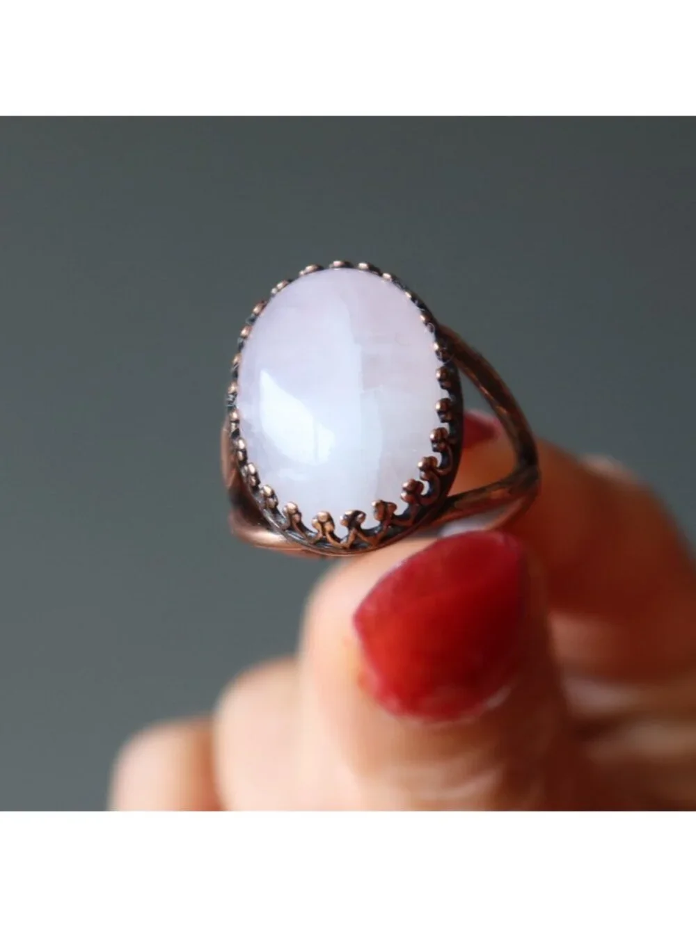 Rose Quartz Ring Timeless Pink Oval Antique Copper Adjustable Size 6 to 8 Jewelr